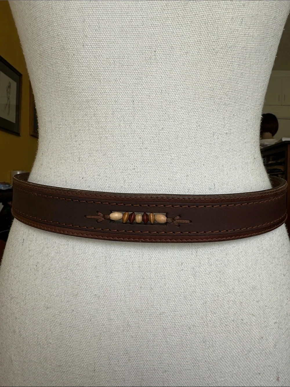 Vintage Solid Brass Buckle Men's Brown Leather Belt with Wooden Beads 32 in